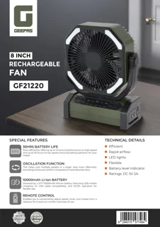 پنکه شارژی چندحالته جی پاس مدل ۲۱۲۲۰